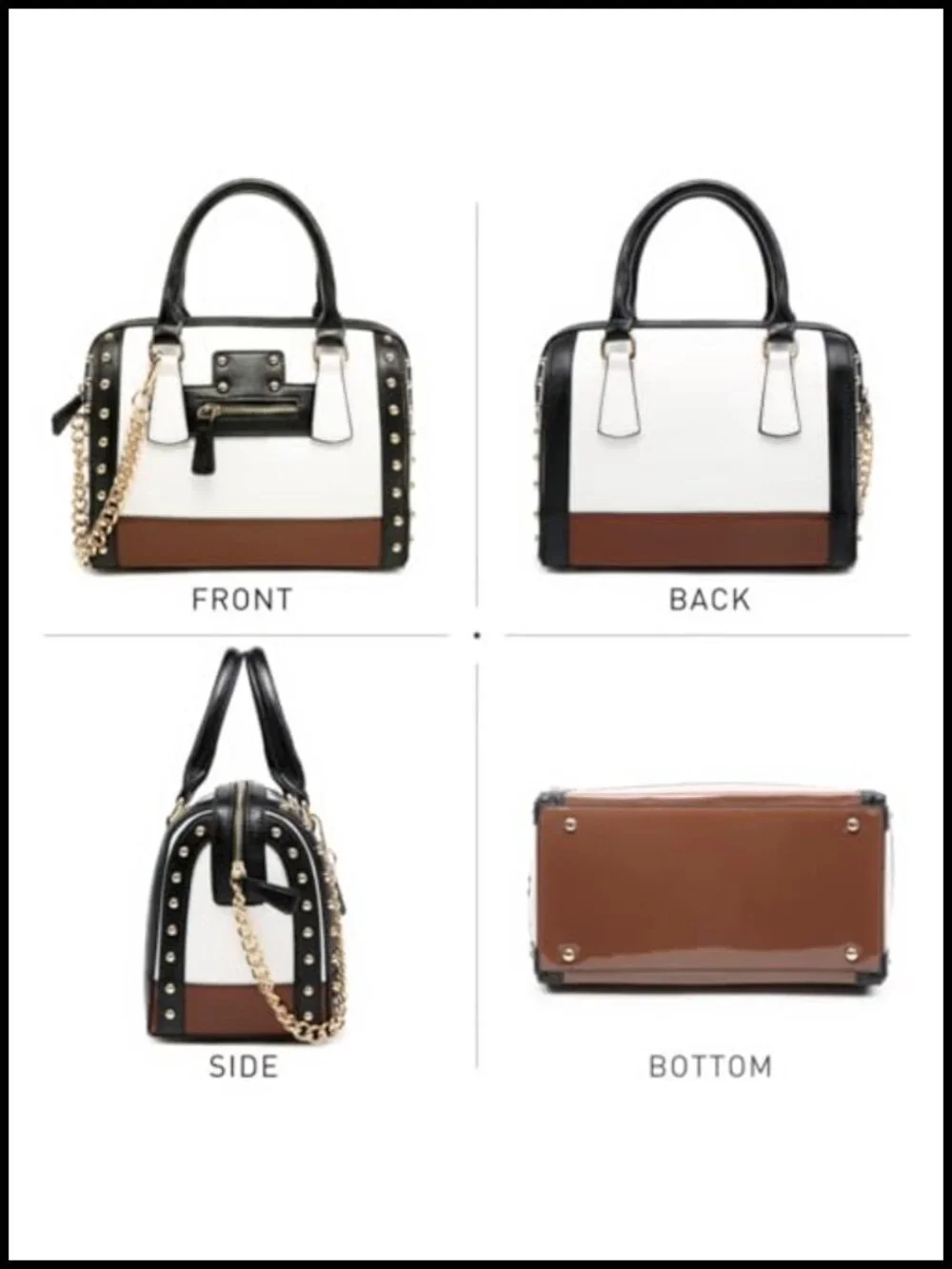 Faux Leather Barrel Satchel Handbag with Rivets, Top Handle Shoulder Purse